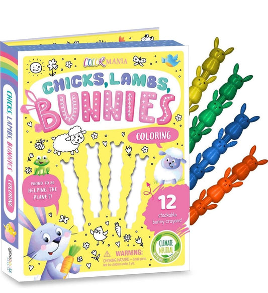 Chicks, Lambs, Bunnies Coloring Set: With 12 Stackable Crayons