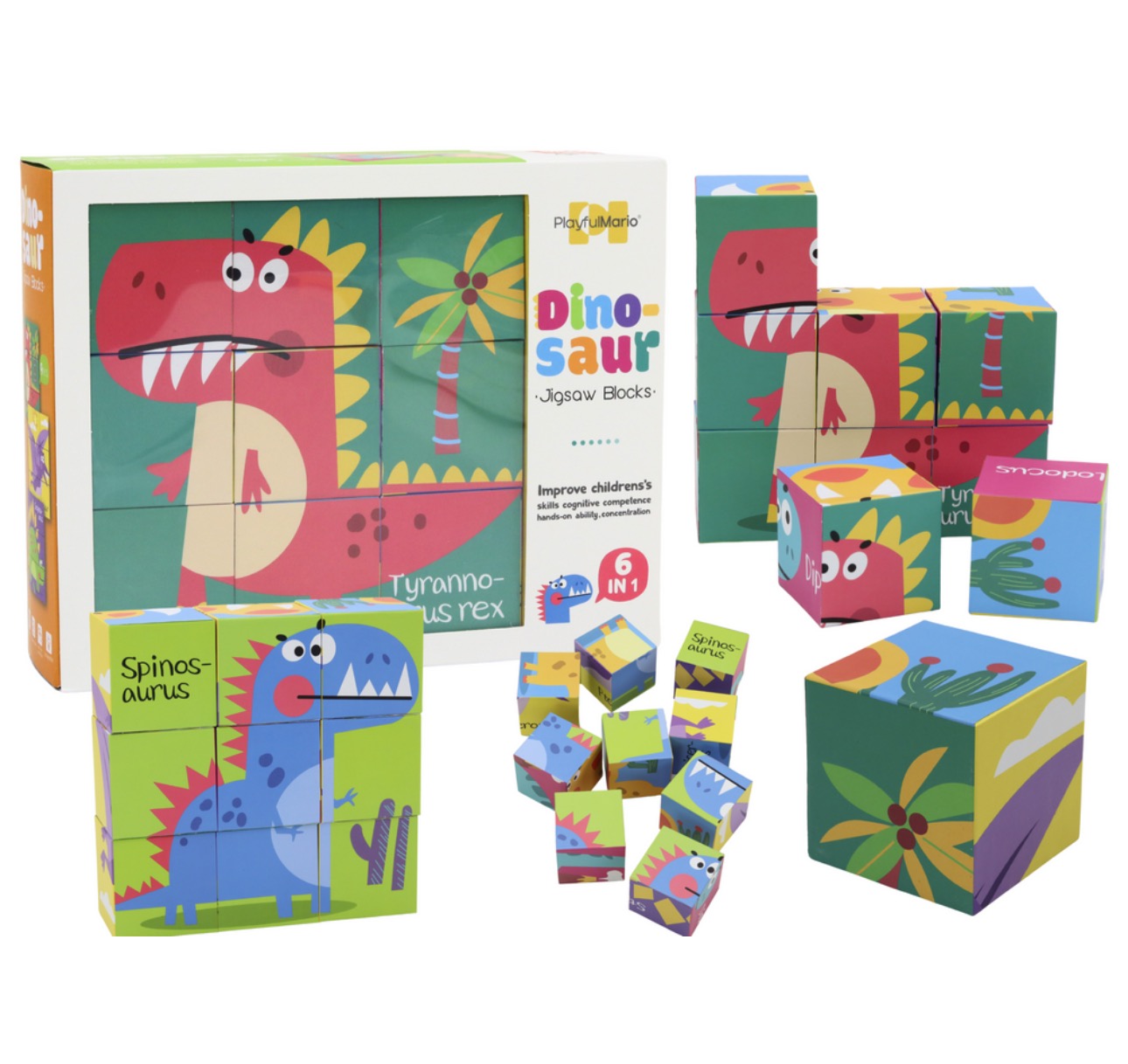 لعب مكعبات البازل التعليمية 6 في 1 - تصميم الديناصورات | 6in1 Dinosaur Wooden Block Puzzle