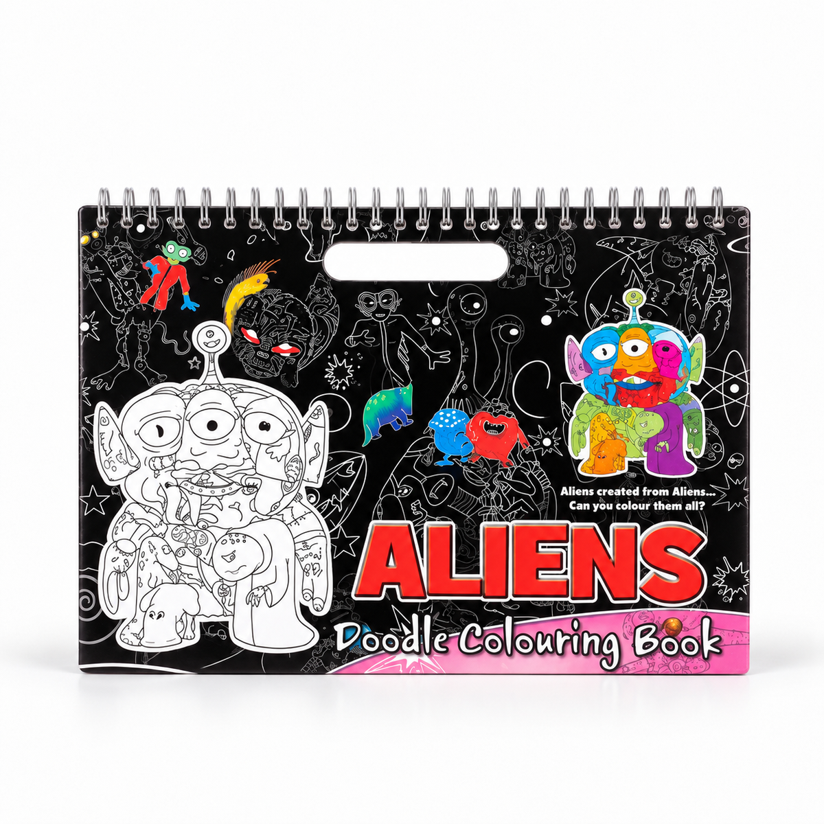Aliens Doodle Colouring Book centered on a square white background with soft shadow